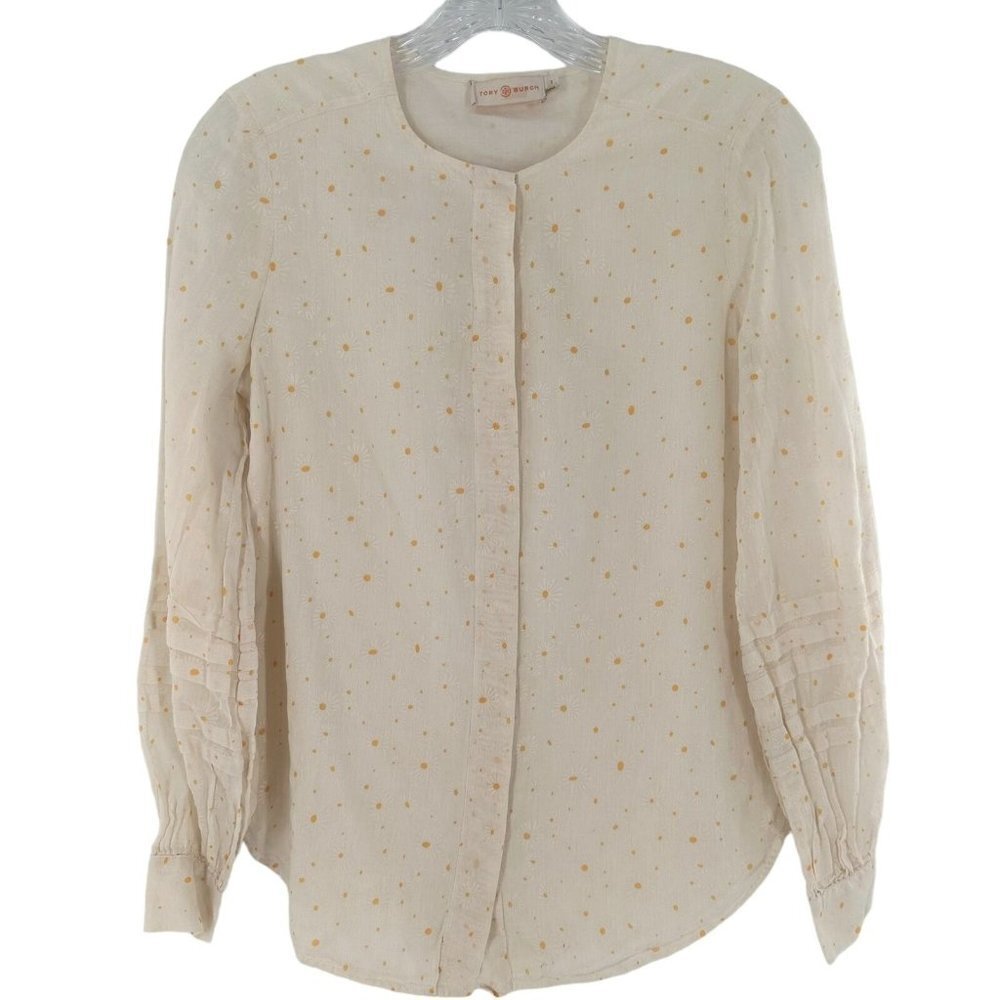 TORY BURCH White Daisy Print Cotton Pleated Sleeve Shirt Size 0